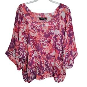 ana A New Approach Women 2X Pink Purple Abstract Floral Square Neck Blouse Sheer